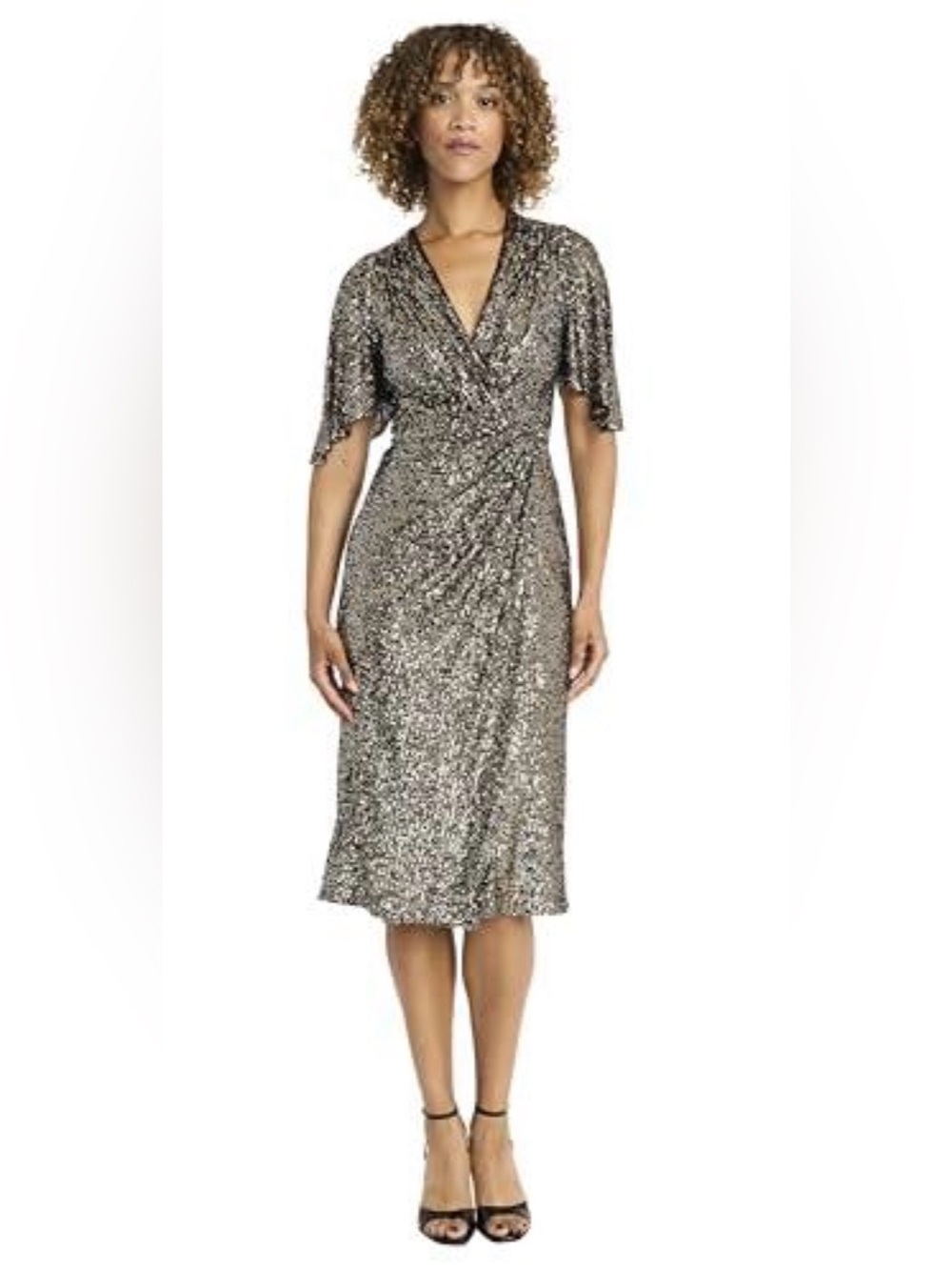 Maggy London Sequin Wrap MIDI Dress Gold Black Wedding Guest Size 12 NWT